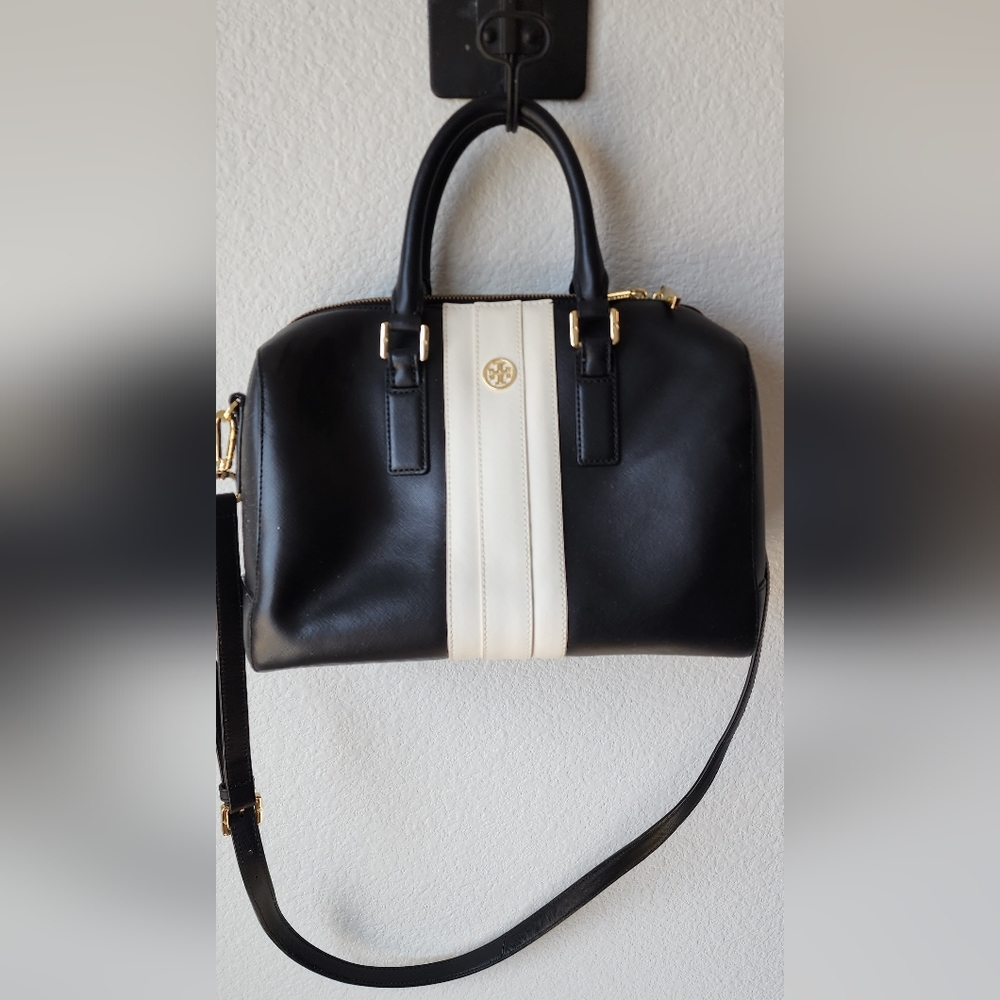 Tory Burch Robinson Middy Black and white  Stripe Satchel